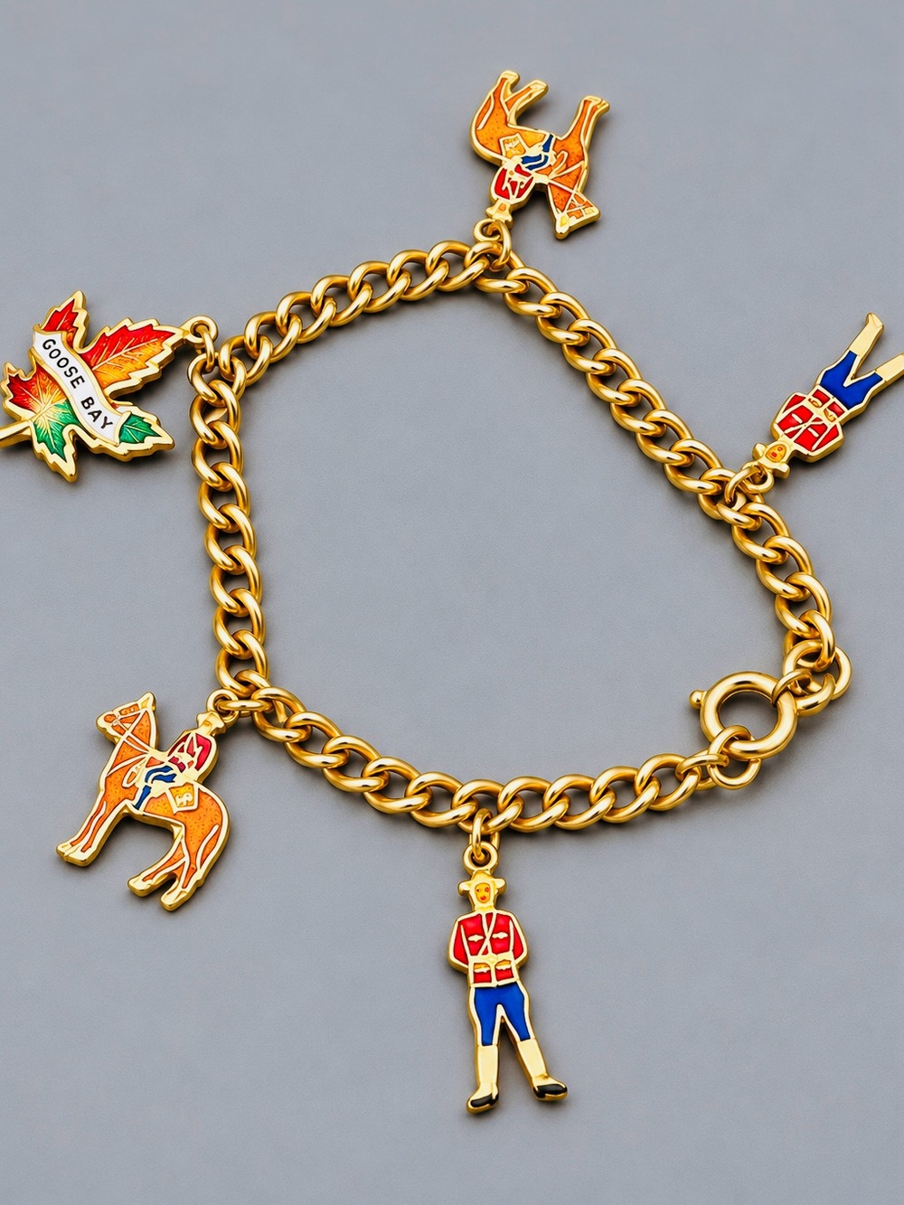 Vintage RCMP Canadian Charm Bracelet with Red & Blue Enamel Accents